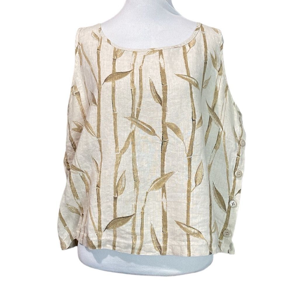 Liz Claiborne 100% Linen Sleeveless Top Bamboo Side Buttons